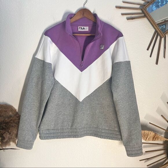 FILA Womens 1/4 Zip Pullover Color block chevron Pattern Lavender White Gray XL - Picture 4 of 11
